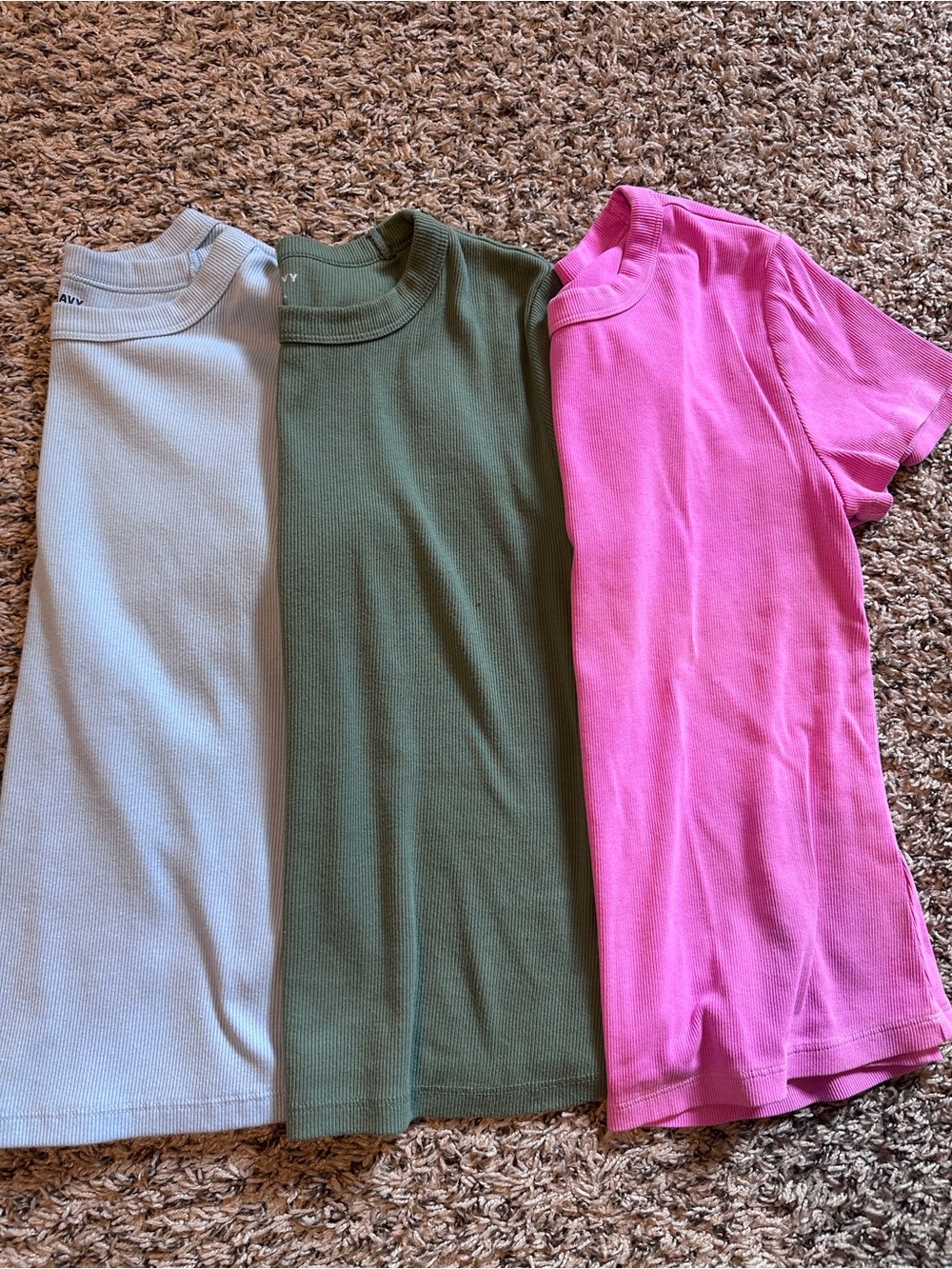 Old Navy snug Short Sleeve Tees in Hot Pink, Light Blue, and Green